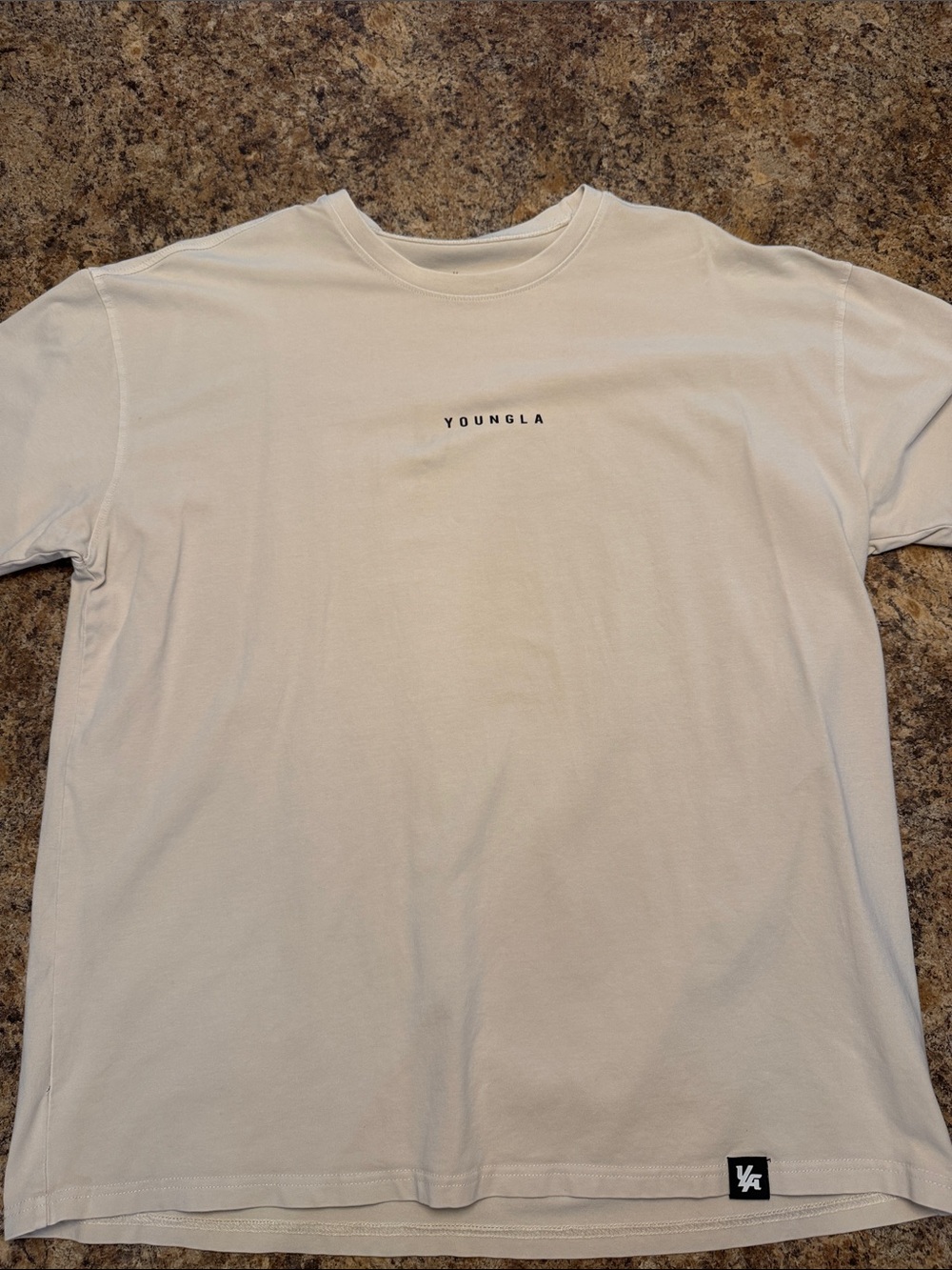 YoungLA Cream Crewneck T-Shirt with Small Chest Logo